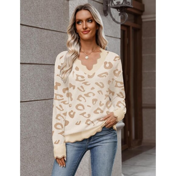 Women's Fall V Neck Sweater Long Sleeve Ribbed Knit Pullover Sweater Top Leopard - Picture 5 of 6